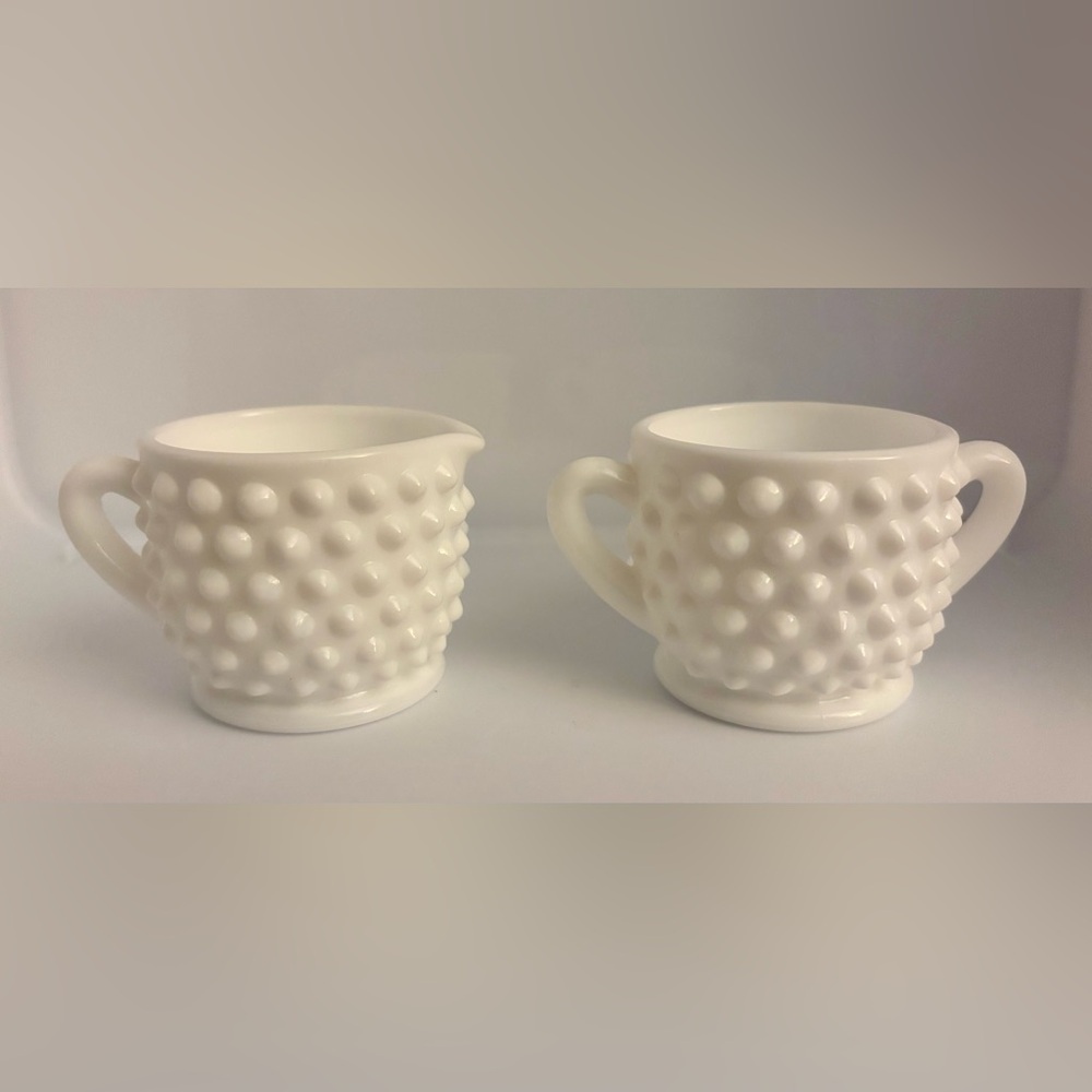 Vintage Fenton Hobnail Small 2 1/8" Milk Glass Creamer and Sugar Set